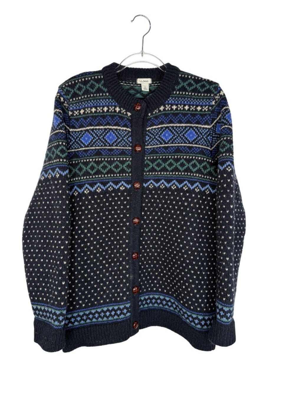 L.L. Bean Wool Nordic Cardigan Sweater Birdseye in Blue Size Large